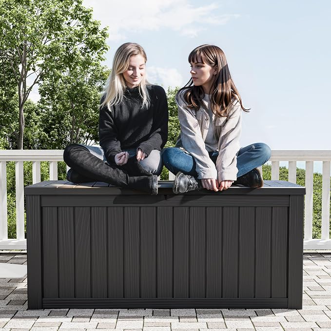 Outdoor Storage Box, 155 Gallon Resin Deck Boxes Outdoor Waterproof For Patio Furniture, Garden Tools, Pool Supplies, Lockable And UV Resistant (Striped Black)