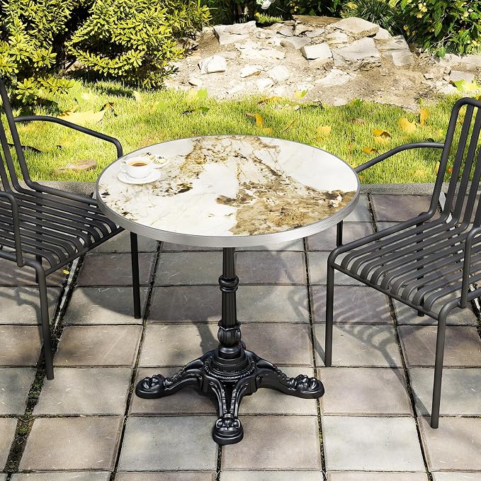 31.5" Outdoor Tulip Dining Table with Sintered Stone Tabletop and Cast Iron Base, Antique Patio Bistro Table for 2-4 Person for Indoor Outside Cafe Restaurant Backyard Garden (Platinum Cloud)