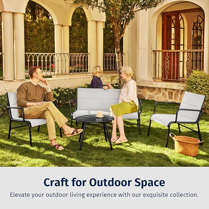 East Oak 4 Seats Outdoor Furniture Set, Waterproof Patio Furniture Set, Patio Loveseat with Coffee Table for Porch or Garden, 4-Piece Patio Conversation Sets for Balcony, Upgrade Grey