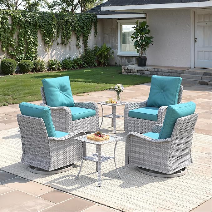 6-Piece Patio Furniture Set, Outdoor Swivel Rocking Chairs with 4" Thick Cushions & Side Table, All-Weather PE Rattan & Rust-Resistant Steel Frame Conversation Set for Porch, Backyard, Turquoise