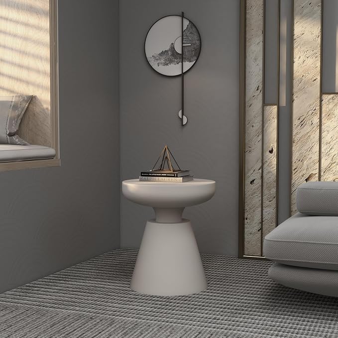 LeisureMod Minimalist Modern Side Table Round Fiberstone Tabletop Pedestal Base, Accent Table for Home Patio Living Room Weather-Resistant, Isle Cream