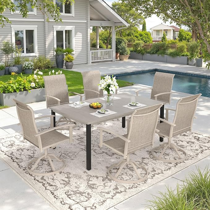 DIFY 7 Pieces Outdoor Dining Set, Metal Patio Table and Chairs Set for 6 with Umbrella Hole, 63" Grey Wood-Like Rectangle Table and Sandshell Textilene Swivel Patio Chairs for Garden, Backyard, Deck