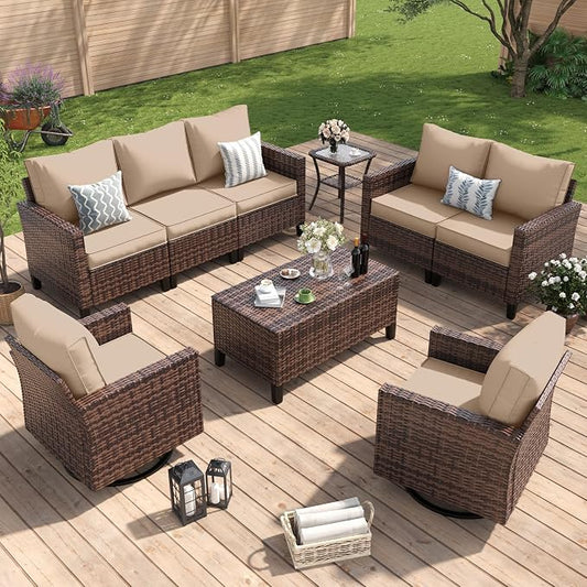 Amopatio Patio Furniture Set, Wicker Outdoor Sectional Sofa with Swivel Rocker Chairs, All-Weather Rattan Conversation Set, Storage Coffee Table, Waterproof Cover for Backyard, Deck Brown/Khak 6 PCS