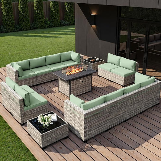 15-Piece Outdoor Patio Furniture Set with 55,000 BTU Fire Pit Table, PE Wicker Rattan Sectional Sofa Conversation Set - All-Weather Garden, Backyard Furniture, Light Green