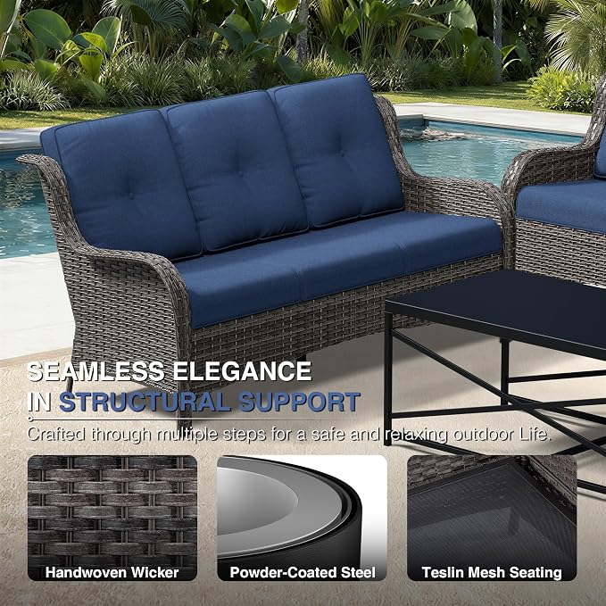 Joyside 6 Piece Wicker Patio Furniture Set, Rattan Patio Chairs with High Back, Deep Seating, Wide Armrest, Thickened Cushions, Outdoor Furniture for Deck, Porch Use
