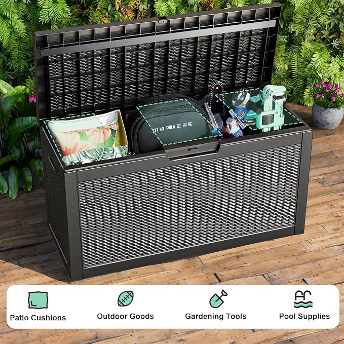 Waterproof Outdoor Storage Box, 70 Gallon Lockable Deck Box, UV-Resistant Outside Storage Bin With Hydraulic Lid For Patio Furniture, Cushion Organizer, Garden Tools, Pool Accessories, Black