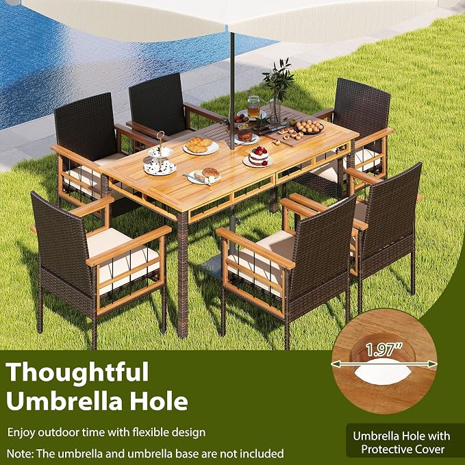 HAPPYGRILL Acacia Wood Outdoor Dining Table 63", 4-6 Person Rectangular Metal Patio Table with Umbrella Hole and Rattan Legs, Slatted Outdoor Furniture for Garden, Poolside, Backyard and Deck