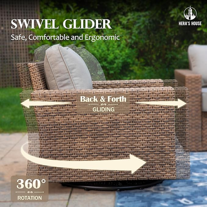 HERA'S HOUSE Patio Furniture Conversation Set, Outdoor Swivel Glide Wicker Chairs with 4.92" Widened Armrest, 4 Pieces Deep Seating Yellow Rattan Sofa with 5.5" Gray Cushions for Deck Garden Yard