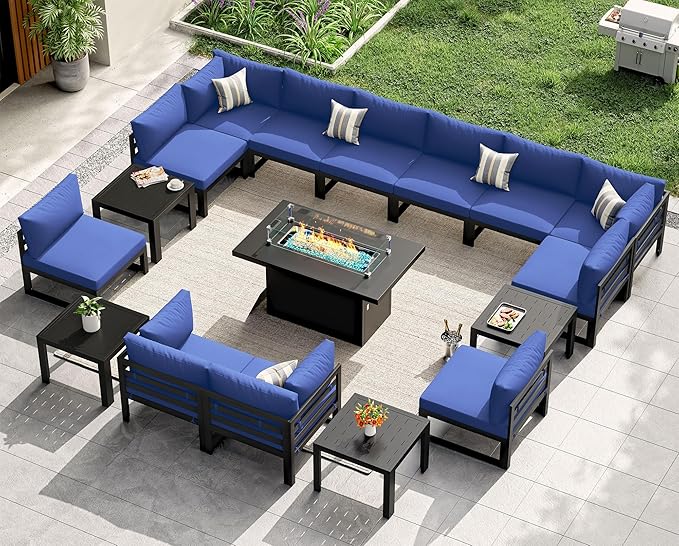 NICESOUL 17 Pcs Extra Large Modern Aluminum Outdoor Sofa with Fire Pit & Coffee Table, 29 inch Deep Wide Seat, 500 lbs Durable Sectional Set, High End Patio Furniture Set for Backyard Lawn, Navy Blue