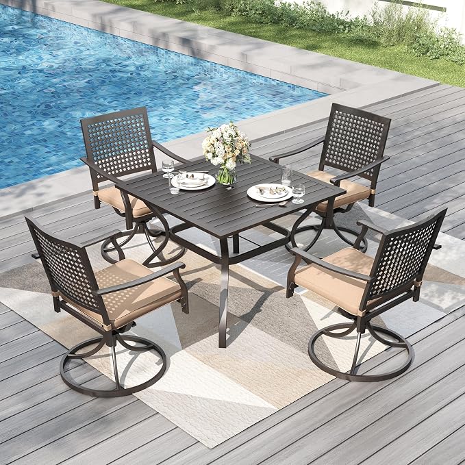 PHI VILLA Patio Dining Set for 4, 37" Metal Table & Swivel Chairs | 5 pcs black wrought iron square furniture set w/ umbrella hole. All weather for outdoor deck, yard, porch