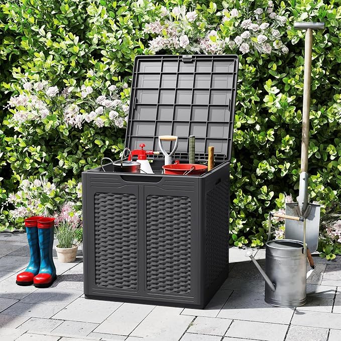 Giantex 39 Gallon Outdoor Storage Box, PP Deck Container with Rattan Patterns & Lockable Lid, Patio Plastic Storage Bin for Package Delivery, Garden Tools, Patio Cushions (39 Gal,Brown)