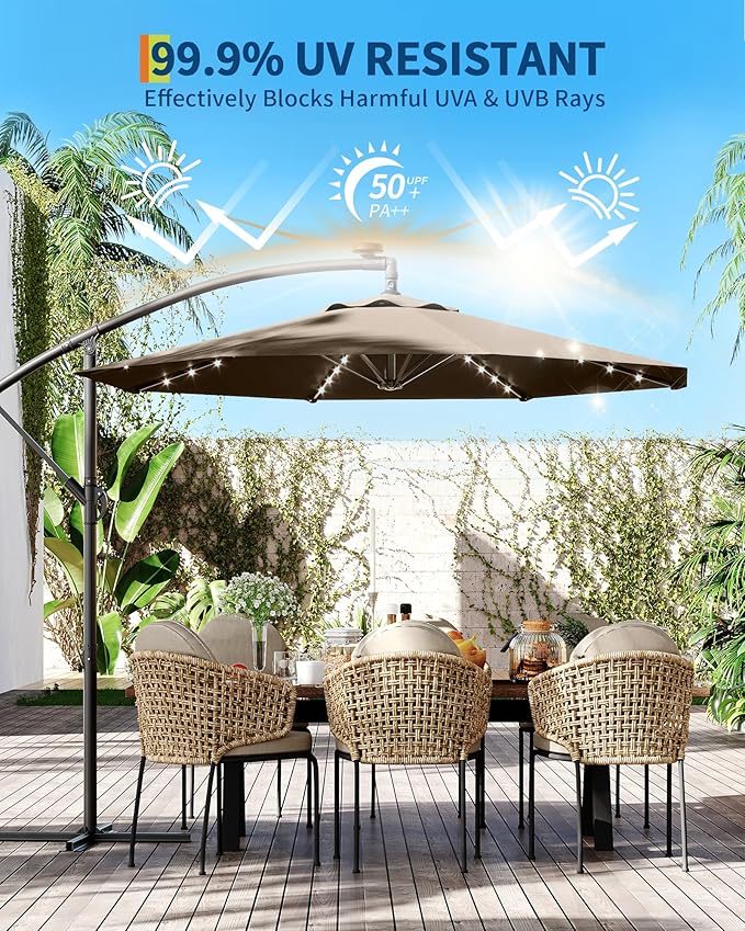 10FT Cantilever Patio Umbrella with Solar LED Lights - Heavy Duty 2-Tier Square Aluminum Offset Outdoor Umbrella, 360° Rotation for Poolside, Backyard, Deck Outdoor Use, Tan