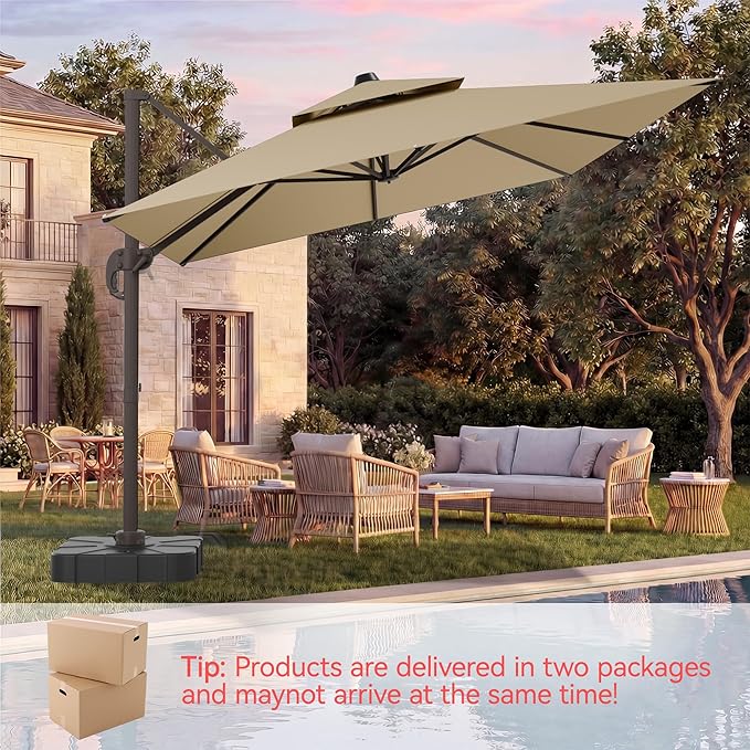 9x12 FT Patio Umbrella with base, Large Cantilever Rectangular Double Top Heavy Duty Offset Umbrellas with 360° Rotation, Outdoor shade for Garden Deck Pool, Beige