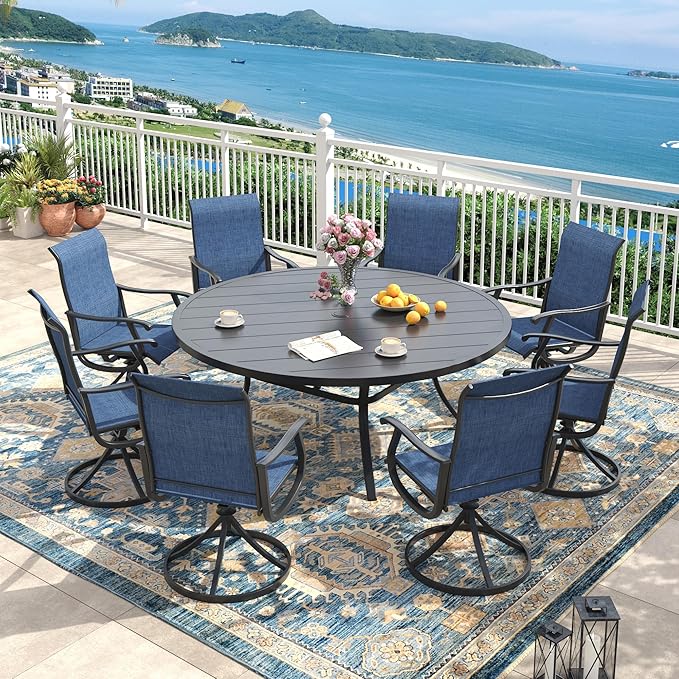 Outdoor Dining Set for 8, 60" Metal Round Outdoor Dining Table with Umbrella Hole and Sling Patio Swivel Chairs, 9 Pieces Patio Table and Chairs Set for Garden Backyard, Dark Blue and Black