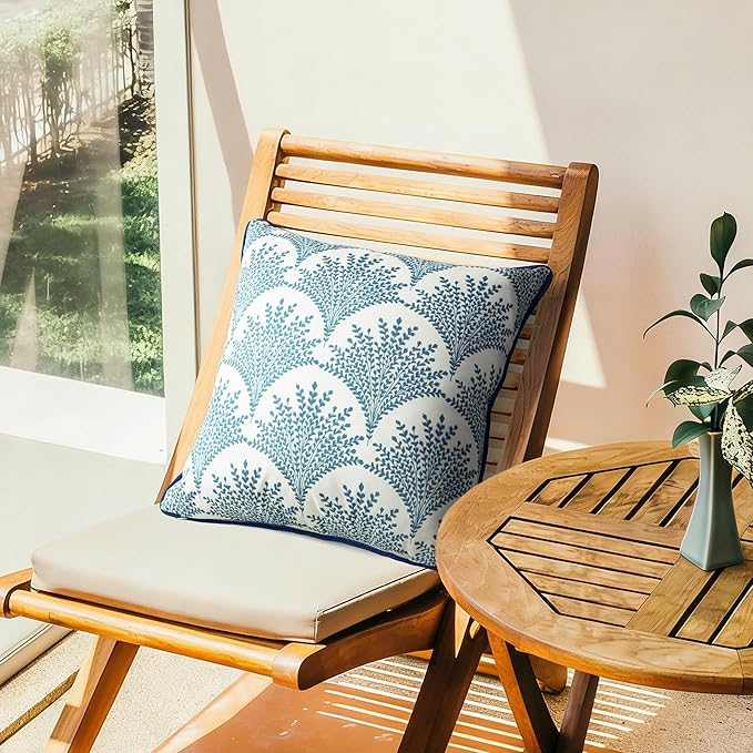 AELS Outdoor Pillow Covers 18x18 Inch, Water-Resistant Decorative Pillow Covers Pack of 2, Floral Throw Pillow Case for Patio Furniture Tent Garden, Blue Feathered Flower with Blue Edge, Cover ONLY