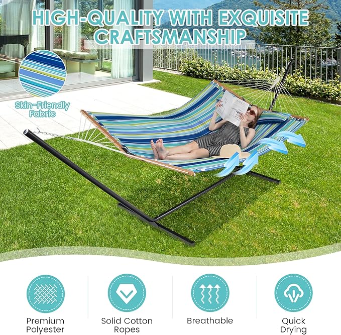 Tangkula 10.5FT Double Hammock, Heavy Duty Outdoor Hammock with Curved Spreader Bars, Detachable Pillow, 2 Person Hammocks for Outside, Porch, Patio (Stand is not Included) (Blue+Green)