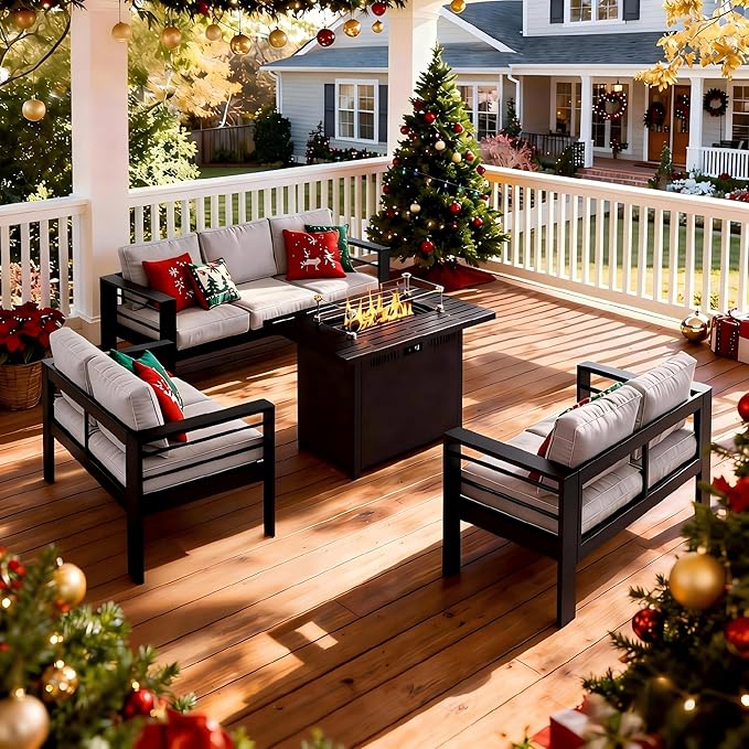 8 Pieces Outdoor Conversation Sets, Aluminum Patio Couch with Propane Fire Pit Table, All-Weather PatioCouch with 5" Thick Soft Cushion and 43'' Firepit Table, Sofa Sets for Balcony, Porch, Light Gray