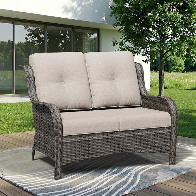 Wicker Patio Loveseat, 2 Seat Outdoor Couch with Thickened Olefin Cushions, High Back and Deep Seating, Hand-Woven PE Rattan for Porch, Deck, Balcony