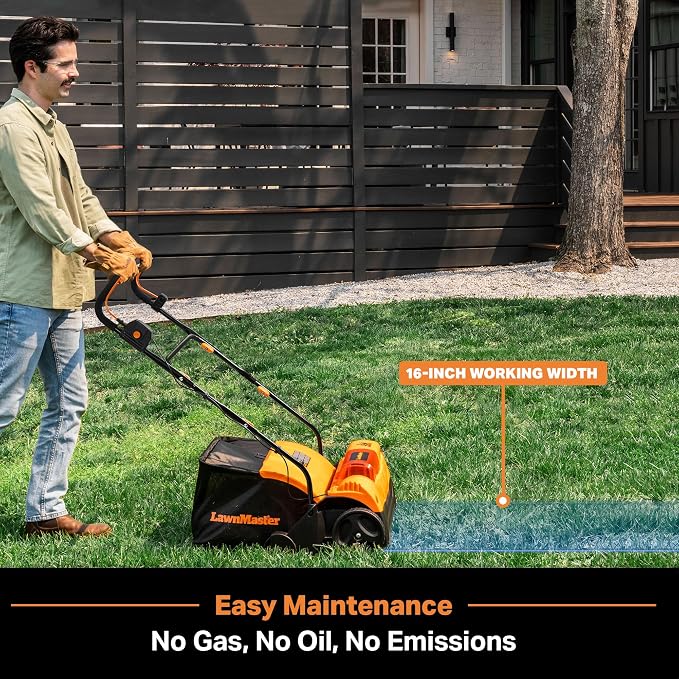 LawnMaster 48V MAX Brushless 16” 2-in-1 Cordless Dethatcher and Scarifier with Removable Thatch Collection Bag Quick-Fold – CLGVB4816