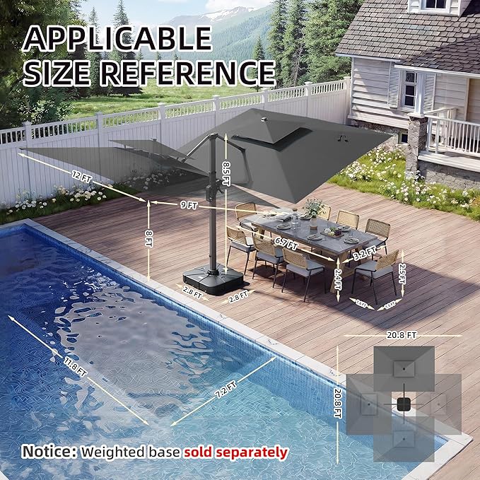 9 X 12 FT Cantilever Outdoor Patio Umbrella with Led Lights Heavy Duty Windproof Double Top Large Rectangle Offset Umbrellas with 360-degree Rotation for Garden Pool Deck Backyard, Grey