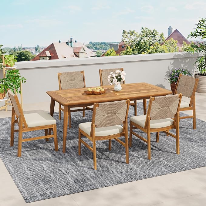 Christopher Knight Home 7 Piece Outdoor Dining Set, 71" Acacia Wood Patio Table with 6 Light Brown Wicker Chairs and Cream Cushions, Teak Finish Wood Dining Table Set for Backyard Garden Porch Deck