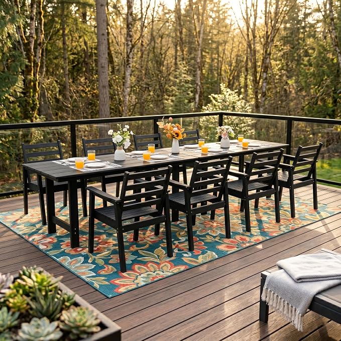 10-Piece Outdoor Dining Set, All-Weather HDPE Patio Furniture, Two 66.5" Slatted Table with 1.6" Umbrella Hole & 8 Ergonomic Armchairs, Heavy Duty 350lbs Capacity, UV Resistant, Black
