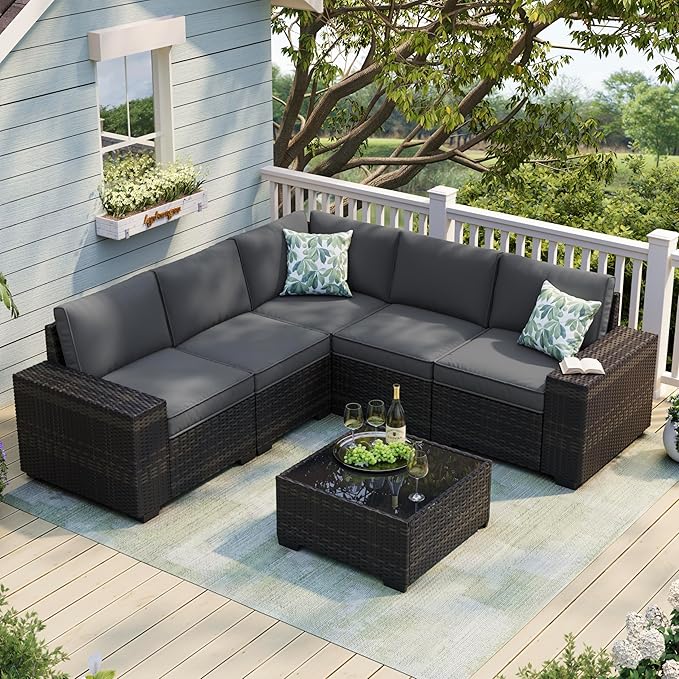 JOYURE 6 Pieces Patio Furniture Set, Outdoor Sofa with Waterproof Cushions, Rattan L Shaped Patio Couch & Coffee Table, Modern Outdoor Furniture for Backyard, Deck, Balcony – Grey