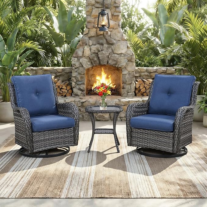 Outdoor Swivel Rocker Patio Chairs with Side Table 3 Pieces PE Wicker Patio Furniture Set for Porch Deck Balcony Garden-Grey/Blue