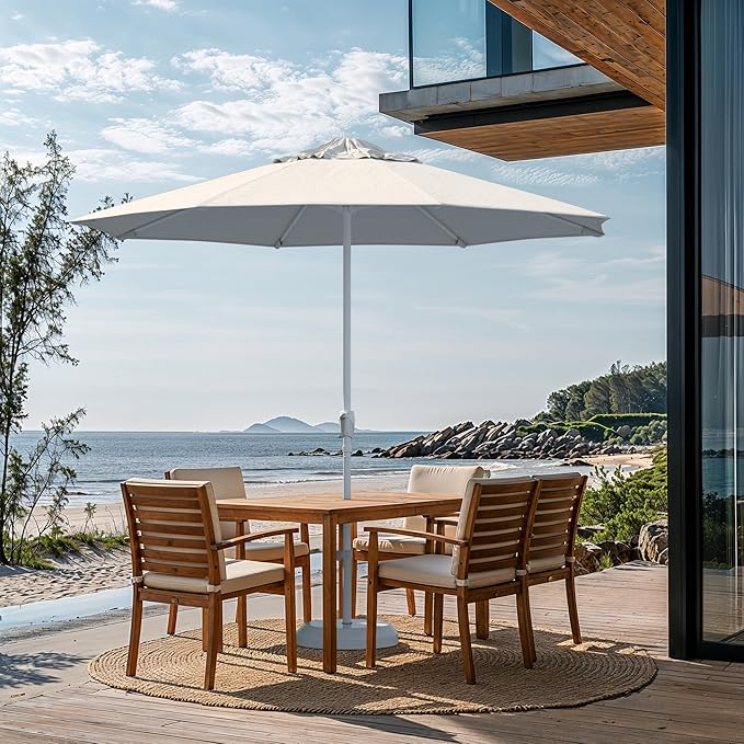 California Umbrella 10-Year Protection 9 Ft Outdoor Patio Umbrella, Pacifica Fade-Resistant Fabric, Auto-Tilt, Heavy Duty Aluminum Frame, 8 Reinforced Ribs for Pool or Deck, White Pole, Natural