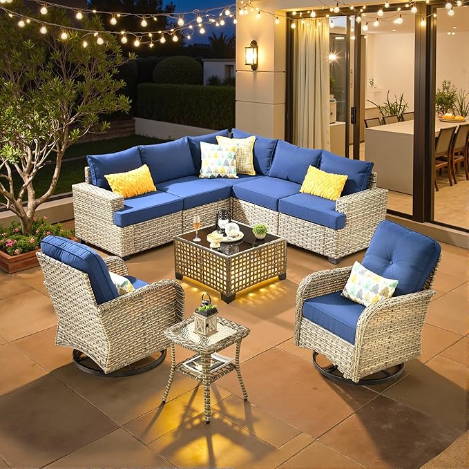 ovios 9 Piece Patio Sectional Furniture with Swivel Rocking Chairs, Rattan Wicker Coversation Couch Set, Outdoor Sofa Set for Outside Porch Balcony Backyard Pool, Navy Blue