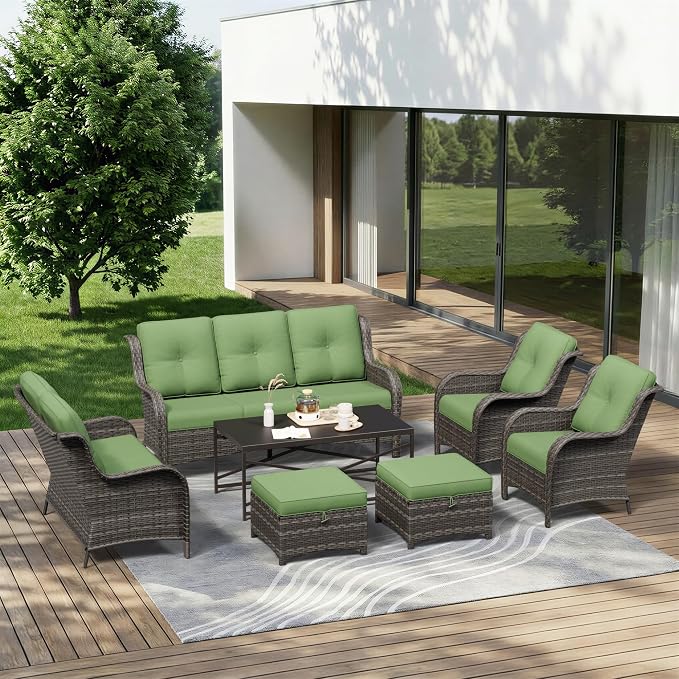 7 Piece Outdoor Wicker Patio Furniture Set, Patio Chairs Set with Thickened Olefin Cushions, High Back and Deep Seating, Hand-Woven PE Rattan, Ottoman for Porch, Deck