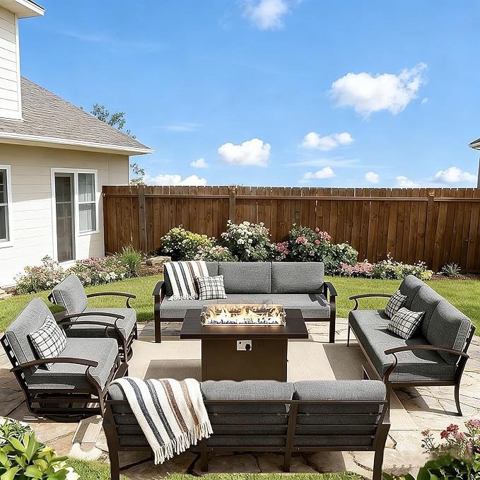 Gotland Outdoor Aluminum Patio Furniture Set with Fire Pit Table, 7 Pieces Metal Patio Furniture with 2 Swivel Rocking Chairs 11 Seats Waterproof 5.1'' Seat Cushions, for Garden Balcony Porch Gray