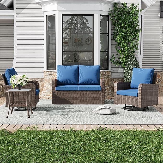 HOMREST 4 Piece Wicker Patio Furniture Set, 360 Degree Outdoor Swivel Patio Chairs w/Coffee Table and Loveseat, Small Patio Furniture Set for Garden, Deck and Poolside, Navy