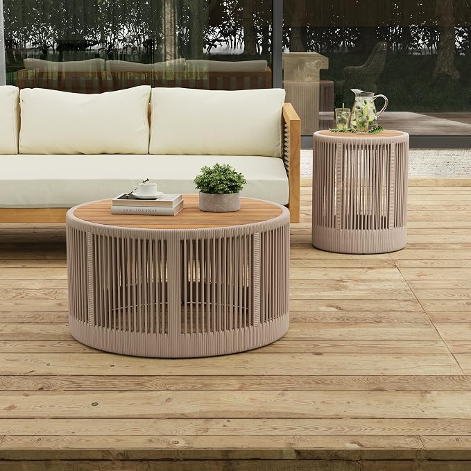 LUMISOL Outdoor Coffee Table & Side Table, Set of 2, Outdoor Woven Rope Table Set for Garden, Teak+ Beige