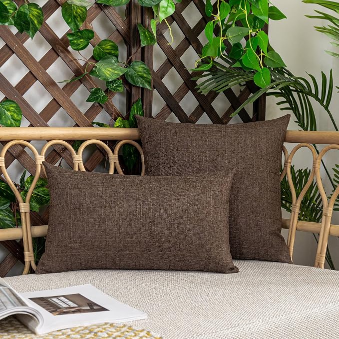 Kevin Textile Outdoor Waterproof 26”x26” Pillow Covers 2 Pack, Brown | Water Resistant, Soft Faux Linen-cotton Yarn-dyed Woven Texture Throw Pillow Covers for Tent Patio Garden Couch Sofa