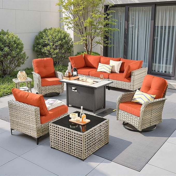 9 Pieces Outdoor Sectional Patio Furniture Set with 42" Fire Pit,Conversation Sets Rattan Wicker L Shaped Couch Swivel Rocking Chairs,Modular Outdoor Sofa for Porch Balcony Backyard Orange