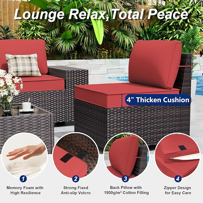 Outdoor Patio Furniture Set, 6 Pieces Outdoor Sectional Furniture High Backrest Patio Sofa, All-Weather PE Rattan Patio Conversation Set with Coffee Table & Cushions-Red.