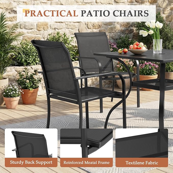5-Piece Patio Dining Set,4 Person Outdoor Table and Chairs Set, 4 Metal Dining Chairs and Square Outdoor Table with 1.57" Umbrella Hole,Black