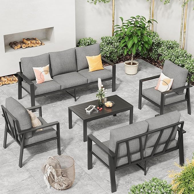 Aluminum Patio Conversation Set with Coffee Table 5 Pieces Deck Outdoor Furniture 7-Seat All-Weather Rust-Proof Sectional Sofa Set with Removable Cushion for Backyard, Poolside & Small Spaces