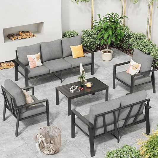 5 Pieces Aluminum Patio Conversation Set Metal Deck Outdoor Furniture 7-Seat All-Weather Rust-Proof Sectional Sofa Set with Removable Cushion for Balcony, Yard, Poolside & Small Spaces