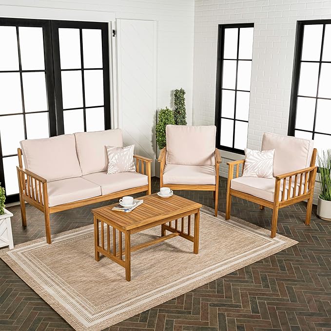 JONATHAN Y LVG1201B-4SET Everly 4-Piece Modern Cottage Acacia Wood Outdoor Patio Set with Cushions and Tropical Decorative Pillows Classic, Coastal, Traditional, Vintage, Mid-Century, Beige/Teak Brown
