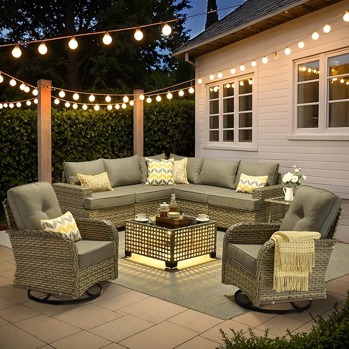 9 Pcs Outdoor Sectional Patio Furniture Set with Swivel Rocking Chair - All Weather Wicker Modular L Shaped Outside Sectional Couch,Patio Seating Outdoor Conversation Sets for Deck Yard,Dark Grey