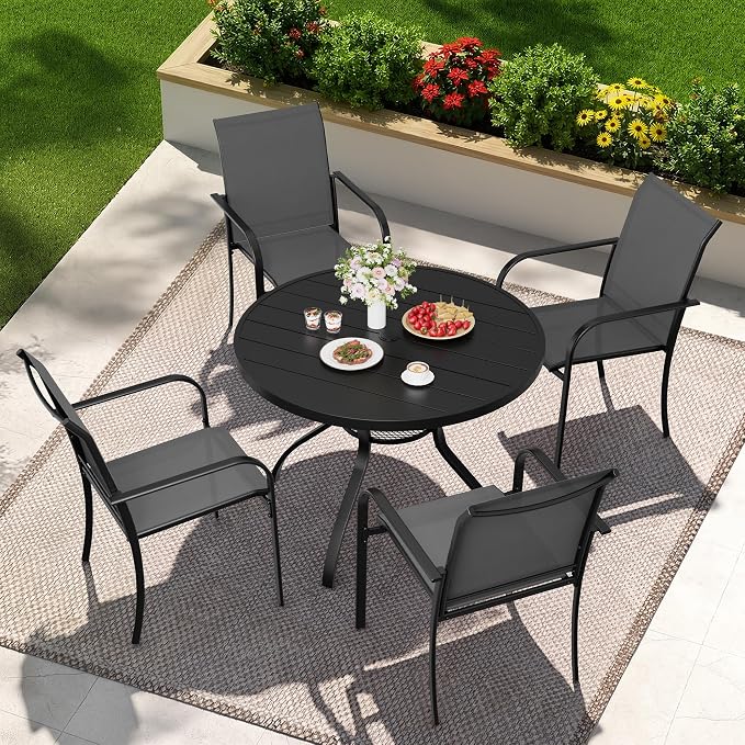 5-Piece Patio Dining Set,4 Person Outdoor Table and Chairs Set, 4 Metal Dining Chairs and Round Outdoor Table with 1.57" Umbrella Hole,Grey
