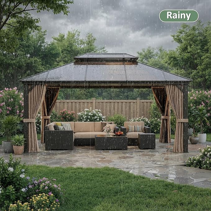12'x16' Hardtop Gazebo, Outdoor Polycarbonate Roof Canopy, Aluminum Frame Permanent Pavilion with Curtains and Netting, Sunshade for Garden, Patio, Lawns