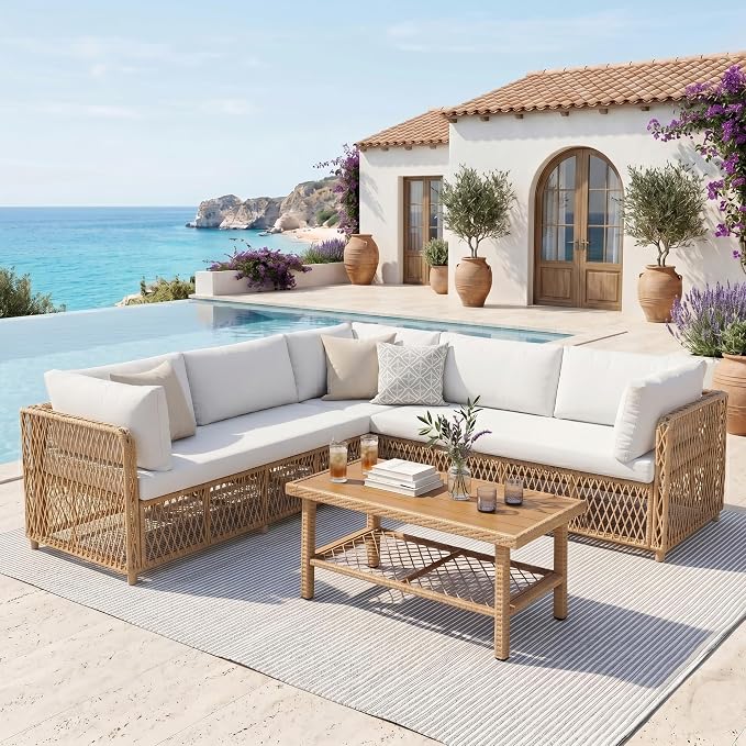 Outdoor Sectional 6-Seater Large Luxury Patio Furniture Set Modular L-Shaped Outdoor Furniture with Thick Cushion All Weather Wicker Boho Patio Conversation Sets for Deck, Backyard