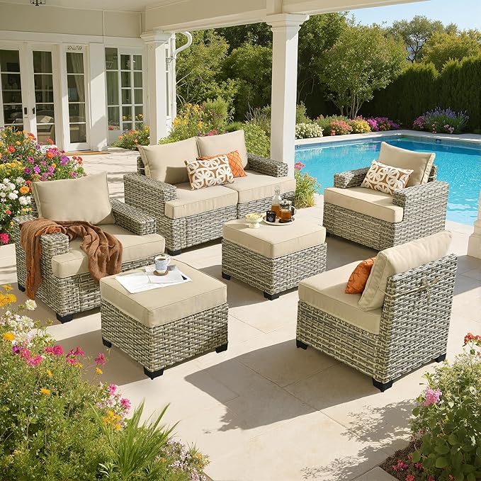 Outdoor Sectional Patio Furniture Set,7 Pieces All Weather Rattan Wicker Conversation Sets,Out Door Furniture with Ottoman Single Chair,Beige