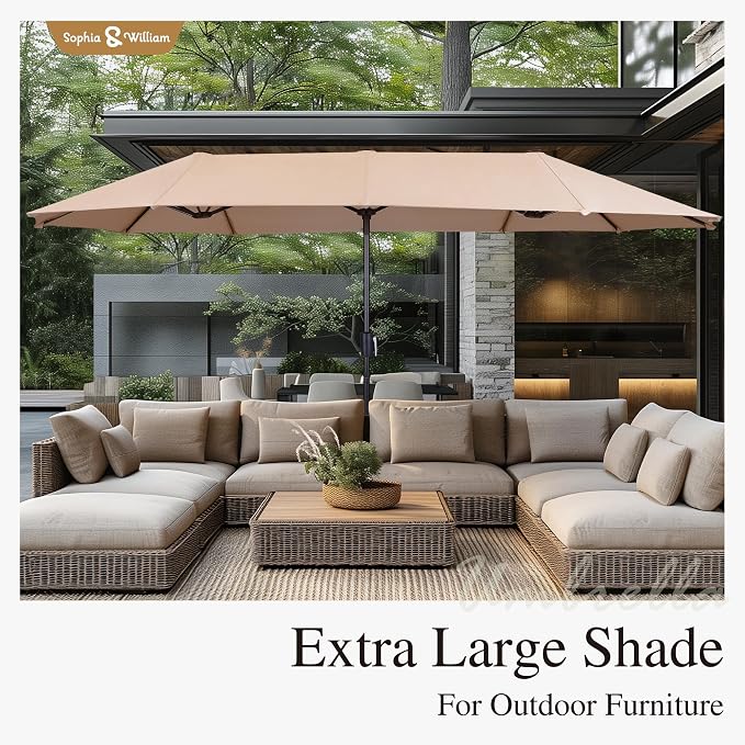 Sophia & William Outdoor Patio Table and Chairs for 6 with 13ft Beige Umbrella Outdoor Dining Set with 6 Padded Large Patio Swivel Rocking Chairs, 64" X 39" Rectangular Metal Table,1 Umbrella