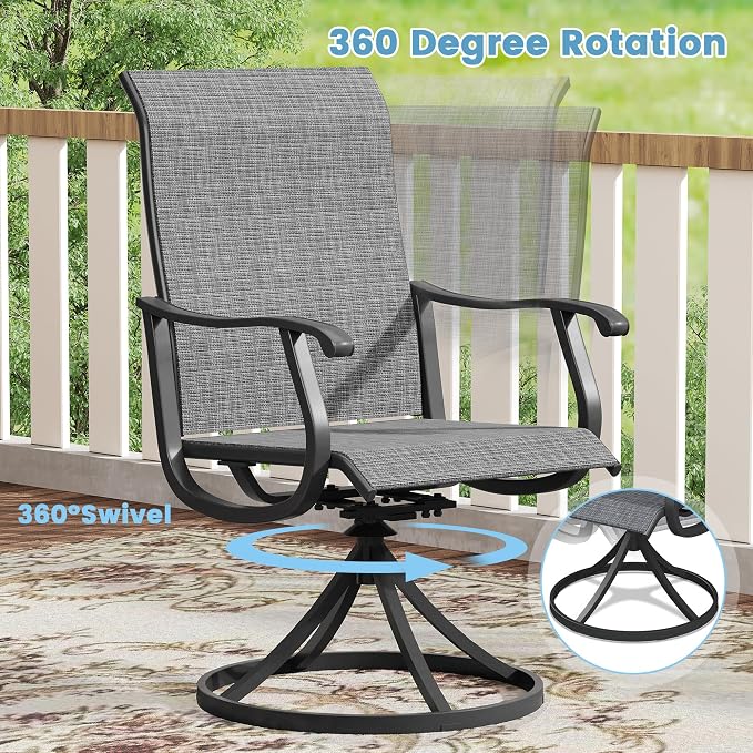 DIFY 7 Pieces Outdoor Patio Dining Set, 6 Dark Grey Textilene Swivel Dining Chairs and 53" Black Round Metal Dining Table, Outdoor Table and Chairs