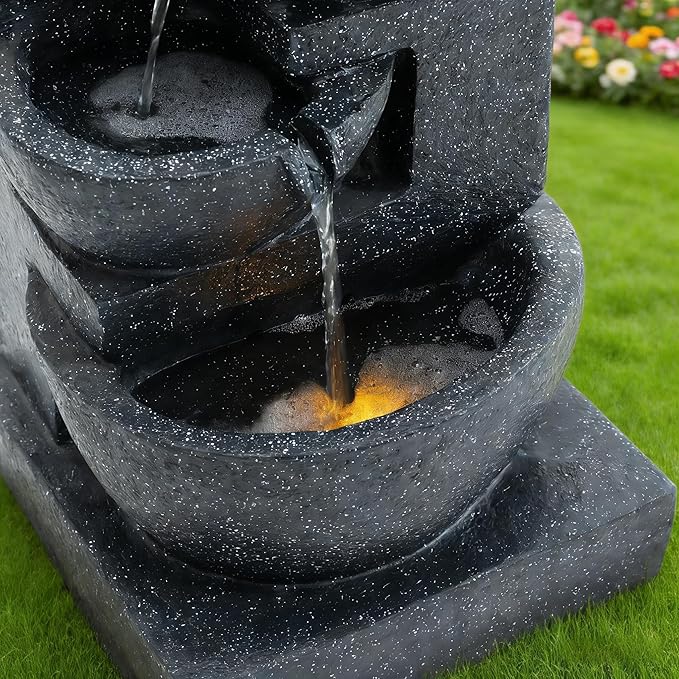 29-Inch Terrazzo Style LED Outdoor Indoor Water Fountain, 4-Tier Cascading Bowls & Stacked Stones, Ideal Waterfalls for Gardens, Patios