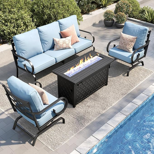 PHI VILLA Patio Furniture Set, 3-Seater Sofa, 2 Rocking Chairs and a 45" Fire Pit Table, Outdoor Metal Conversation Set with 5.75" Extra Thick Cushion for Garden Backyard Deck, Blue